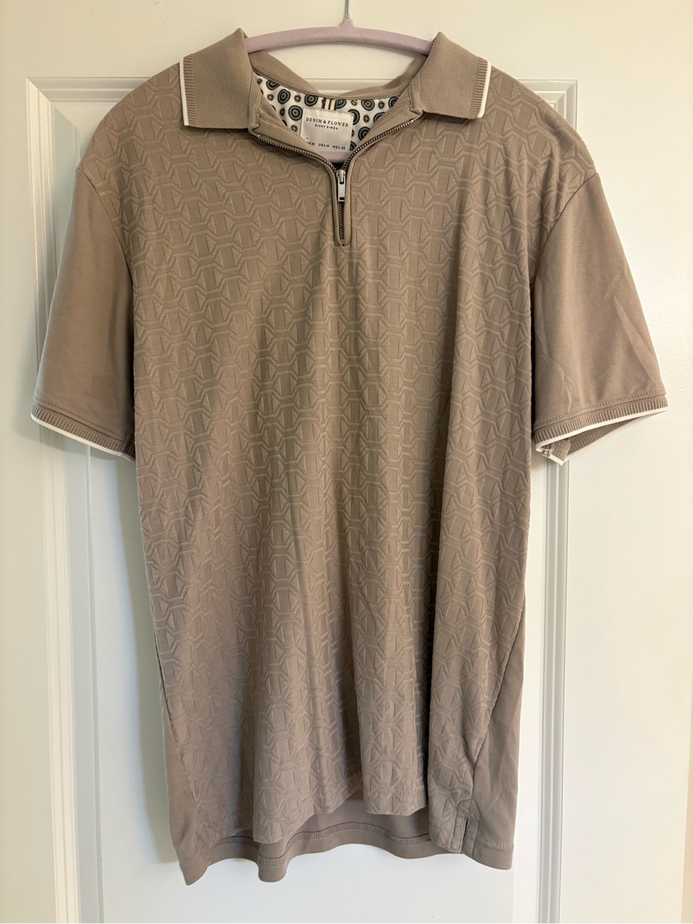Denim & Flower Men's Short-Sleeve Zip Polo in Taupe